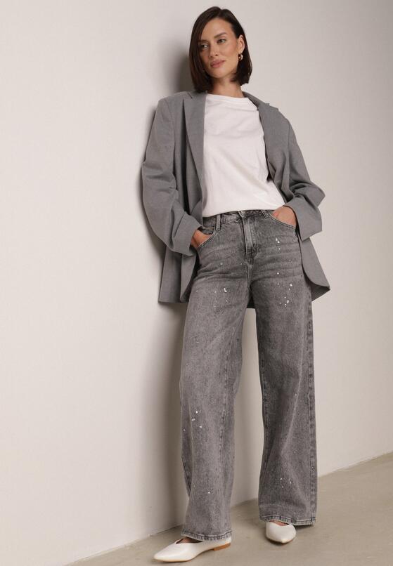 Szare Szerokie Jeansy z Wysokim Stanem Zdobione Błyszczącymi Drobinami Isabela 1