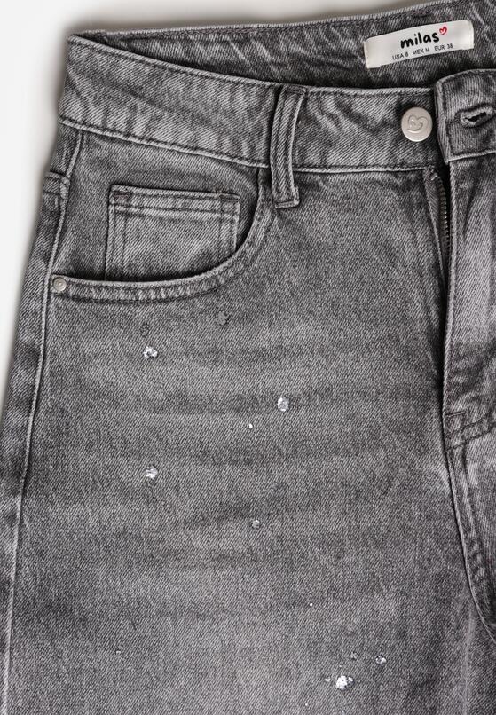 Szare Szerokie Jeansy z Wysokim Stanem Zdobione Błyszczącymi Drobinami Isabela 8