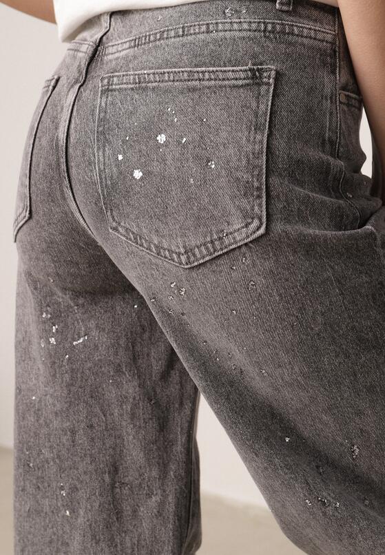 Szare Szerokie Jeansy z Wysokim Stanem Zdobione Błyszczącymi Drobinami Isabela 5