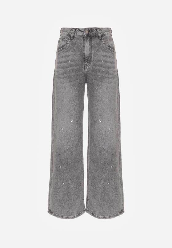 Szare Szerokie Jeansy z Wysokim Stanem Zdobione Błyszczącymi Drobinami Isabela 6