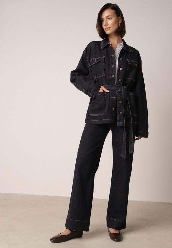 Granatowe Jeansy z Bawełną o Szerokim Kroju z Wysokim Stanem i Ozdobnymi Kieszeniami Adelsala 1