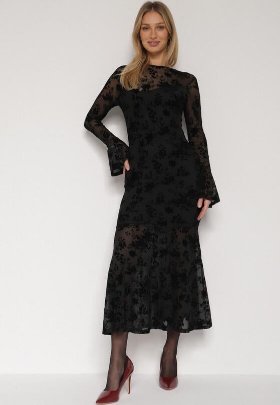 Czarna Siateczkowa Sukienka Wieczorowa VICES z Welurowym Wzorem Jilney 1