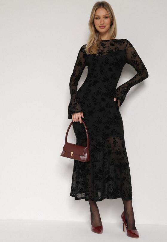 Czarna Siateczkowa Sukienka Wieczorowa VICES z Welurowym Wzorem Jilney 2