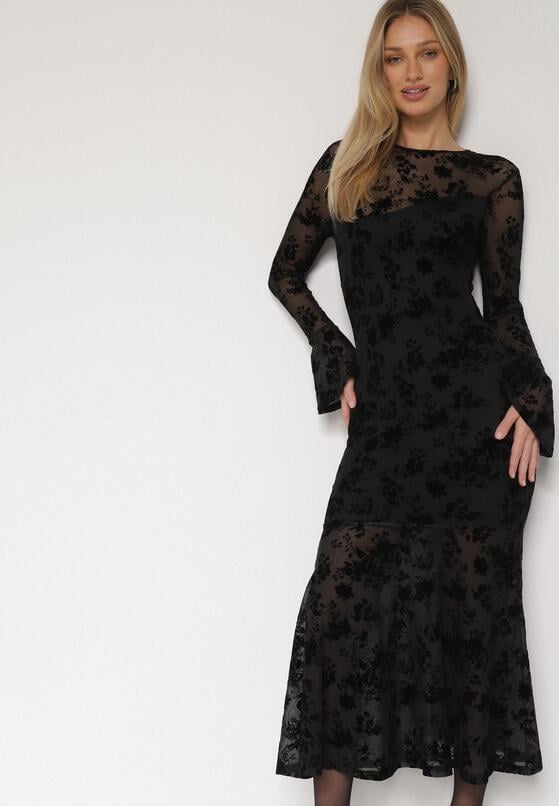 Czarna Siateczkowa Sukienka Wieczorowa VICES z Welurowym Wzorem Jilney 4