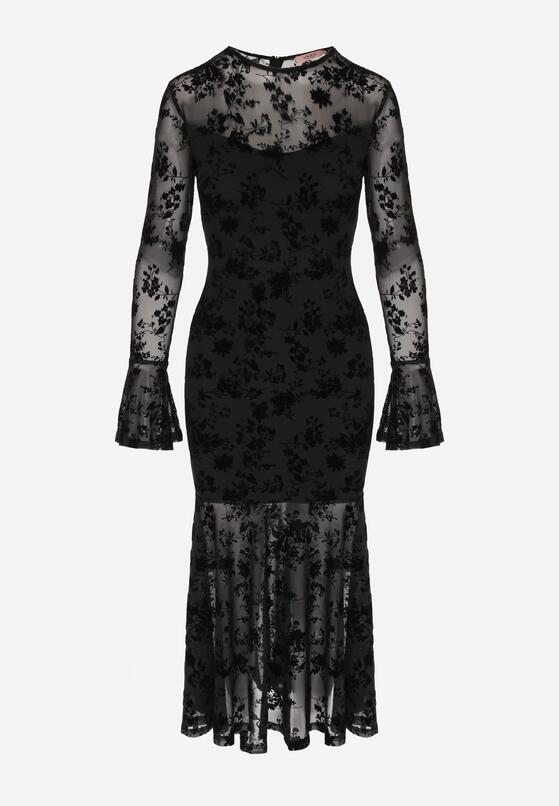 Czarna Siateczkowa Sukienka Wieczorowa VICES z Welurowym Wzorem Jilney 6