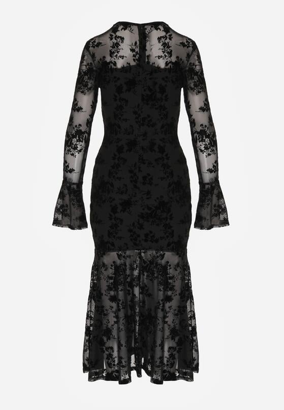 Czarna Siateczkowa Sukienka Wieczorowa VICES z Welurowym Wzorem Jilney 7