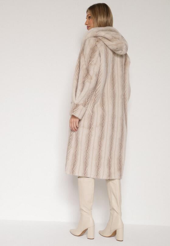 Jasnobeżowy Płaszcz Futerko w Pionowy Wzór z Kapturem Cahroris 3
