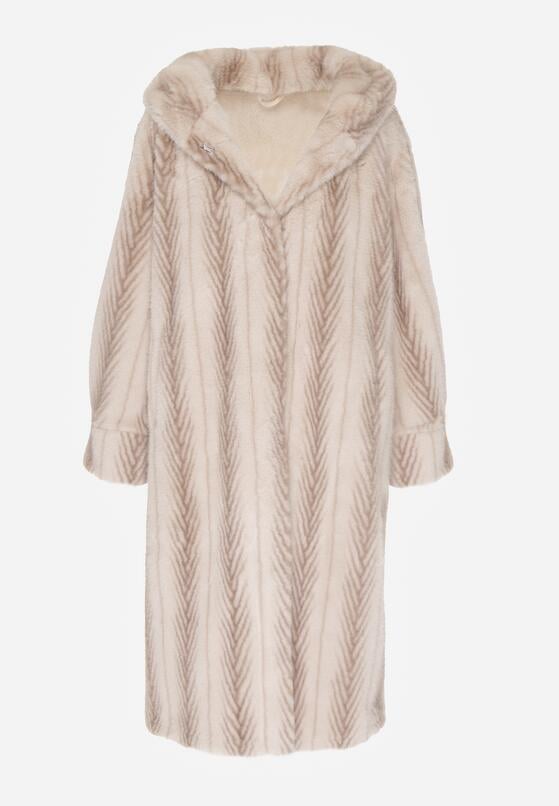 Jasnobeżowy Płaszcz Futerko w Pionowy Wzór z Kapturem Cahroris 6