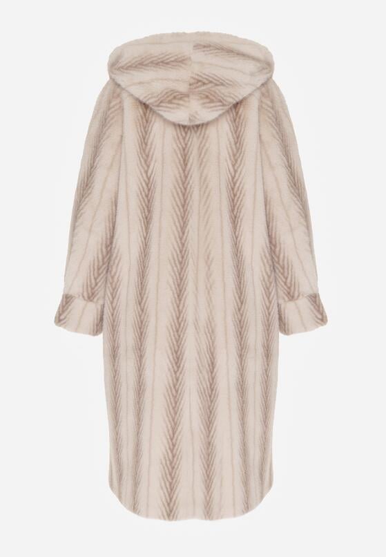 Jasnobeżowy Płaszcz Futerko w Pionowy Wzór z Kapturem Cahroris 7