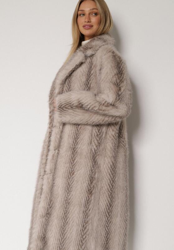 Jasnobeżowy Jednorzędowy Płaszcz Futerko o Klasycznym Kroju Yrelsha 4