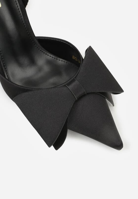 Czarne Satynowe Sandały na Szpilce Bez Pięty z Kokardą Shiriniana 5