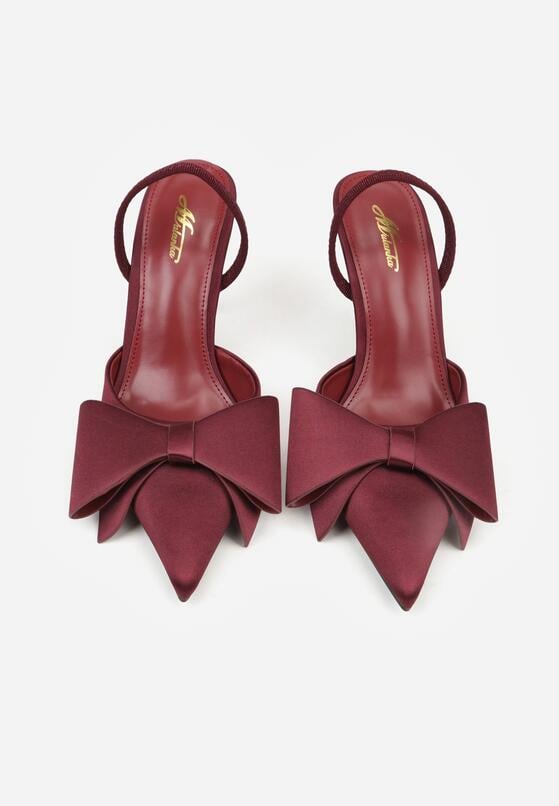 Bordowe Satynowe Sandały na Szpilce Bez Pięty z Kokardą Shiriniana 3