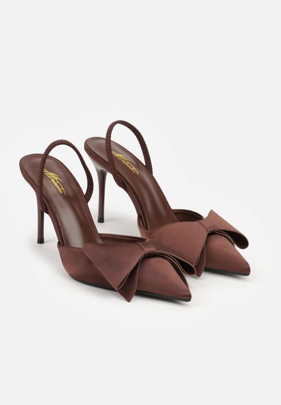 Brązowe Satynowe Sandały na Szpilce Bez Pięty z Kokardą Shiriniana 2