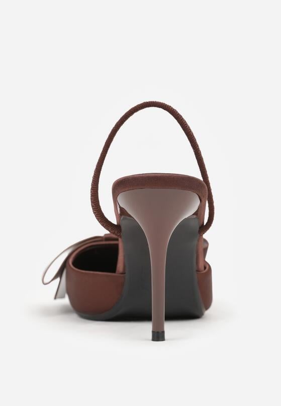 Brązowe Satynowe Sandały na Szpilce Bez Pięty z Kokardą Shiriniana 5