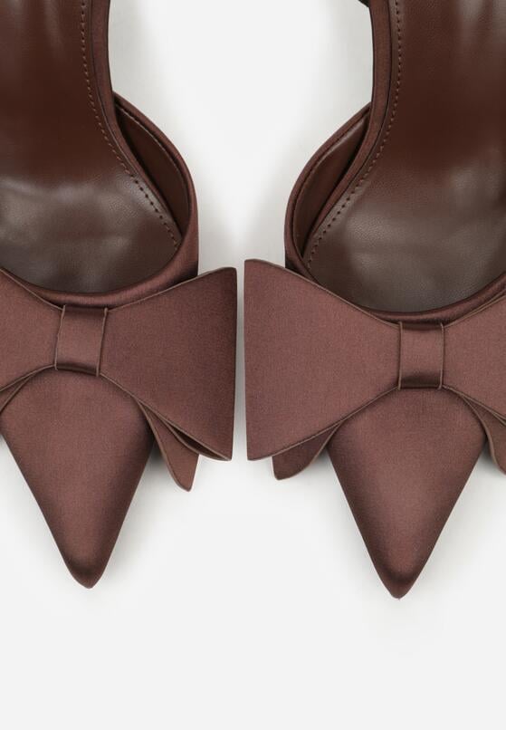 Brązowe Satynowe Sandały na Szpilce Bez Pięty z Kokardą Shiriniana 6