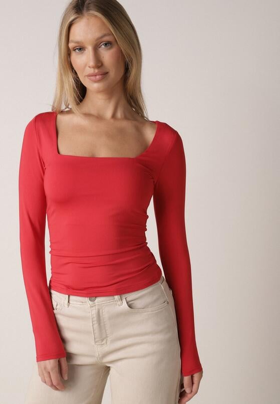 Czerwona Elastyczna Bluzka z Kwadratowym Dekoltem z Wiskozą Doriore 4