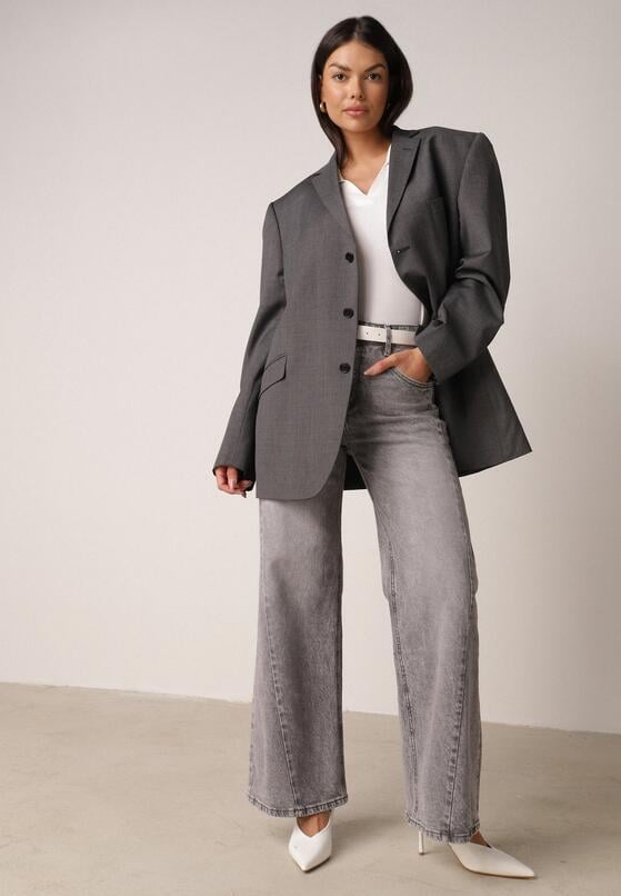 Szare Bawełniane Jeansy o Szerokim Kroju z Wysokim Stanem i Przetarciami Ryrixia 1