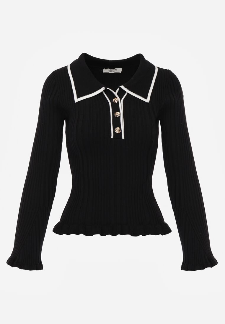 Czarny Sweter z Wiskozą w Stylu Retro z Kołnierzykiem i Guzikami Sarrise 6