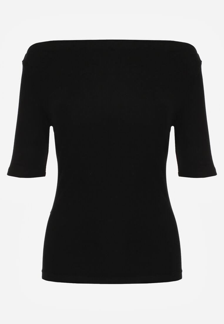 Czarny Wiskozowy T-shirt o Dopasowanym Kroju z Dekoltem w Łódkę Idahphaeia 6