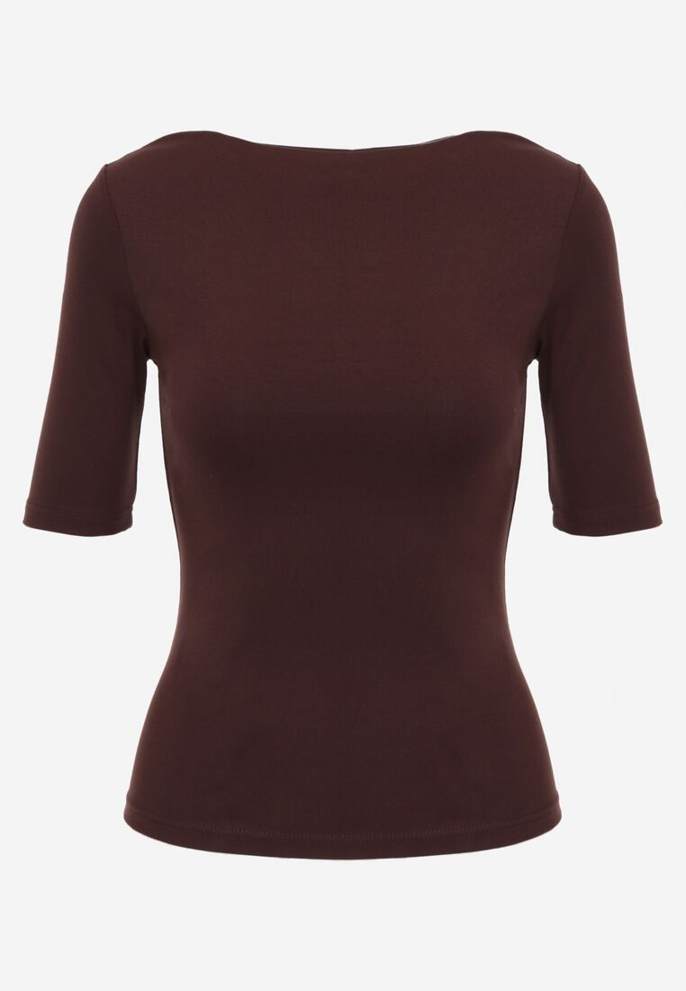Brązowy Wiskozowy T-shirt o Dopasowanym Kroju z Dekoltem w Łódkę Idahphaeia 6