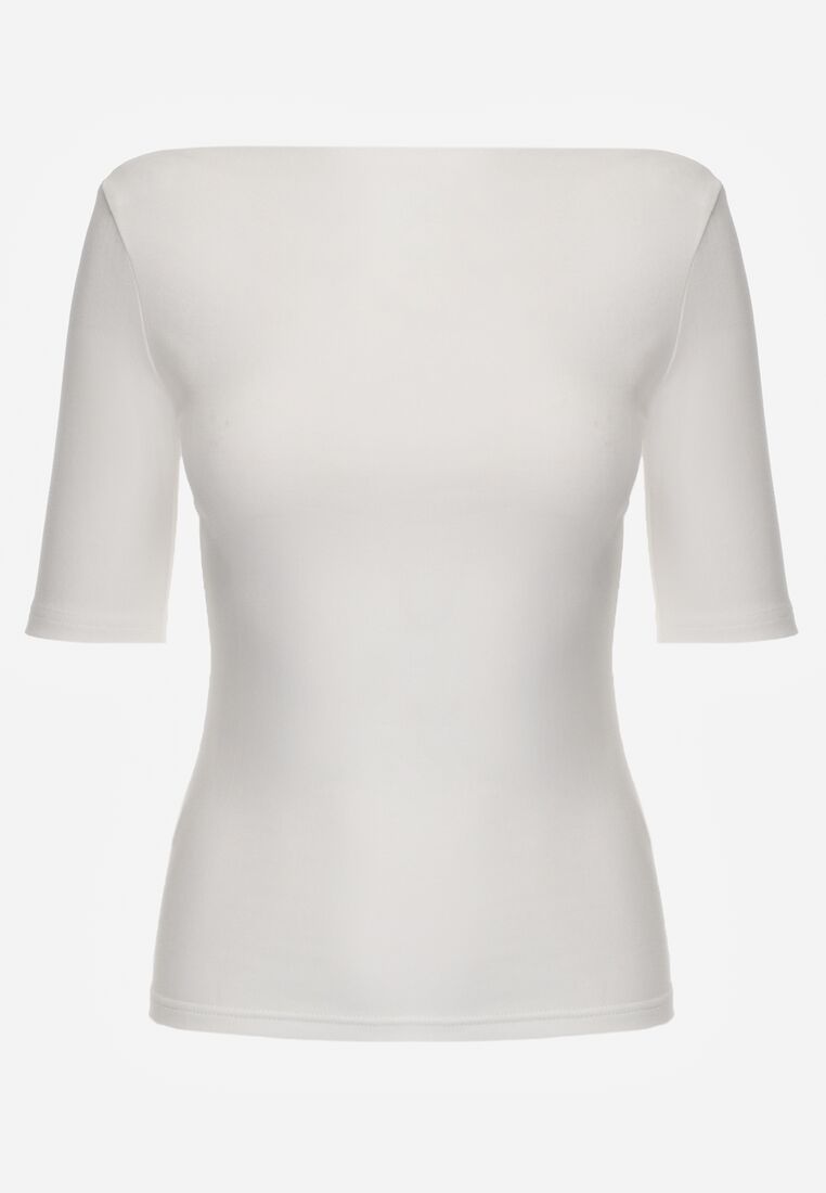 Biały Wiskozowy T-shirt o Dopasowanym Kroju z Dekoltem w Łódkę Idahphaeia 6