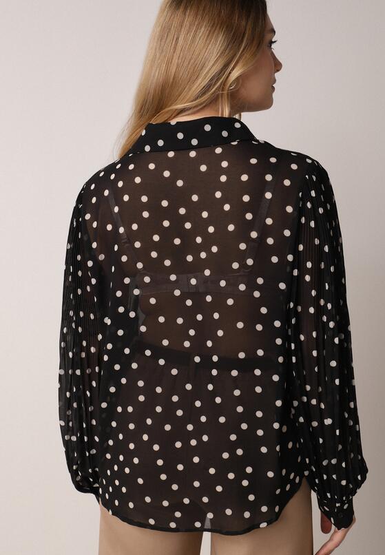 Czarna Bawełniano-Wiskozowa Koszula w Groszki z Plisowanymi Rękawami Ronan 3