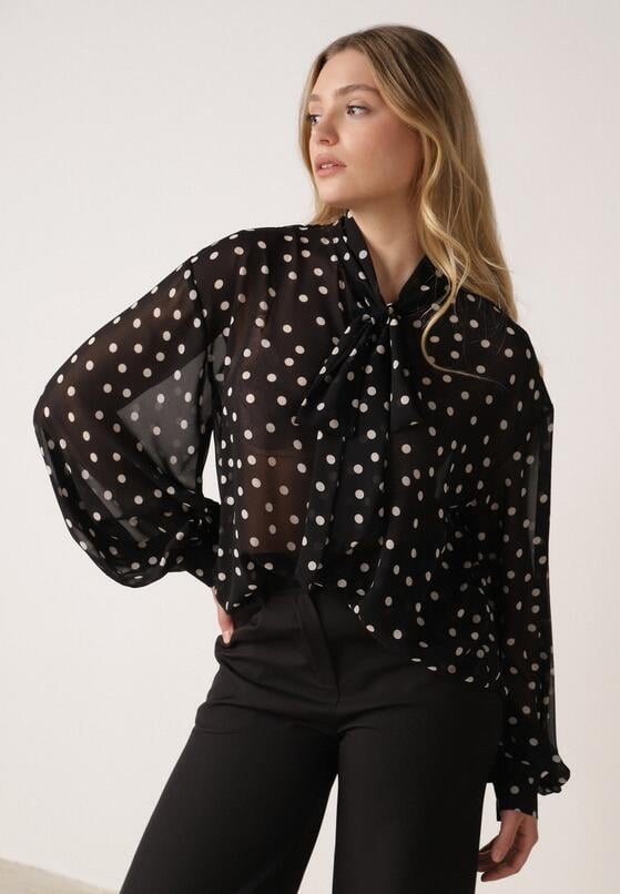 Czarna Półtransparentna Koszula w Groszki z Wiązaniem z Wiskozy i Bawełny Iamine 1
