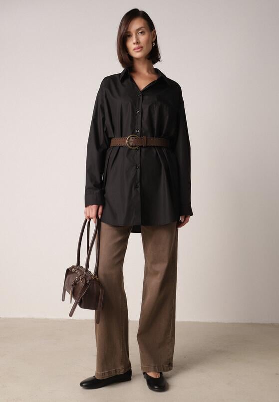Czarna Długa Koszula Oversize z Bawełny i Wiskozy z Paskiem z Klamrą Thessalonike 2