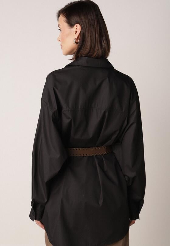 Czarna Długa Koszula Oversize z Bawełny i Wiskozy z Paskiem z Klamrą Thessalonike 3