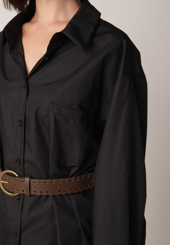 Czarna Długa Koszula Oversize z Bawełny i Wiskozy z Paskiem z Klamrą Thessalonike 5