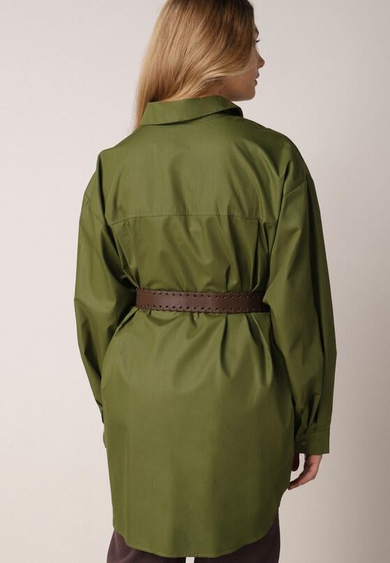 Zielona Długa Koszula Oversize z Bawełny i Wiskozy z Paskiem z Klamrą Thessalonike 3