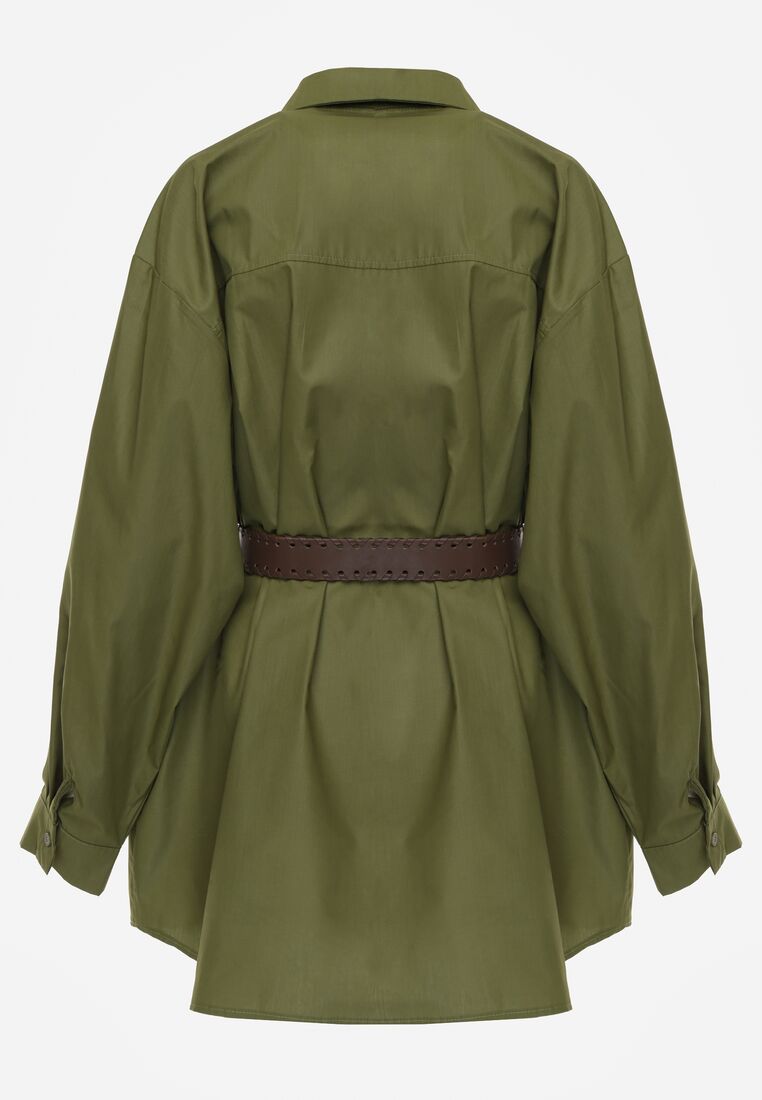 Zielona Długa Koszula Oversize z Bawełny i Wiskozy z Paskiem z Klamrą Thessalonike 7
