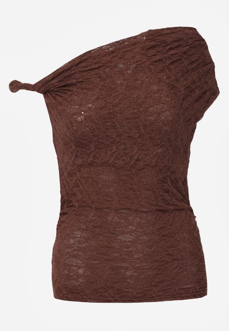 Brązowa Koronkowa Bluzka o Asymetrycznym Kroju na Jedno Ramię Nerasos 6