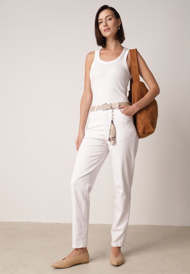 Białe Bawełniano-Wiskozowe Jeansy Mom Fit z Dodatkowym Paskiem Papheilise 2