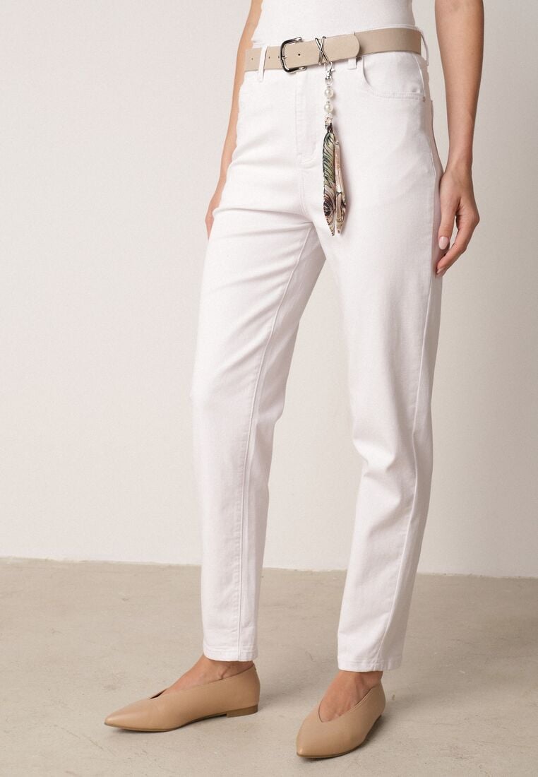 Białe Bawełniano-Wiskozowe Jeansy Mom Fit z Dodatkowym Paskiem Papheilise 4