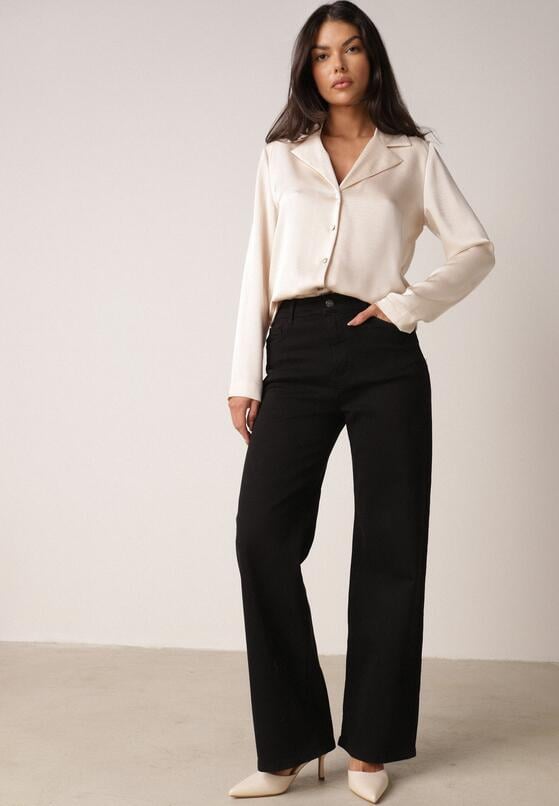 Czarne Bawełniane Spodnie Wide Leg z Wysokim Stanem Genime 1