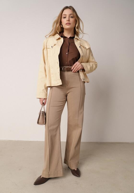 Beżowe Szerokie Jeansy z Bawełny z Wysokim Stanem i Pionowymi Przeszyciami Keperise 1