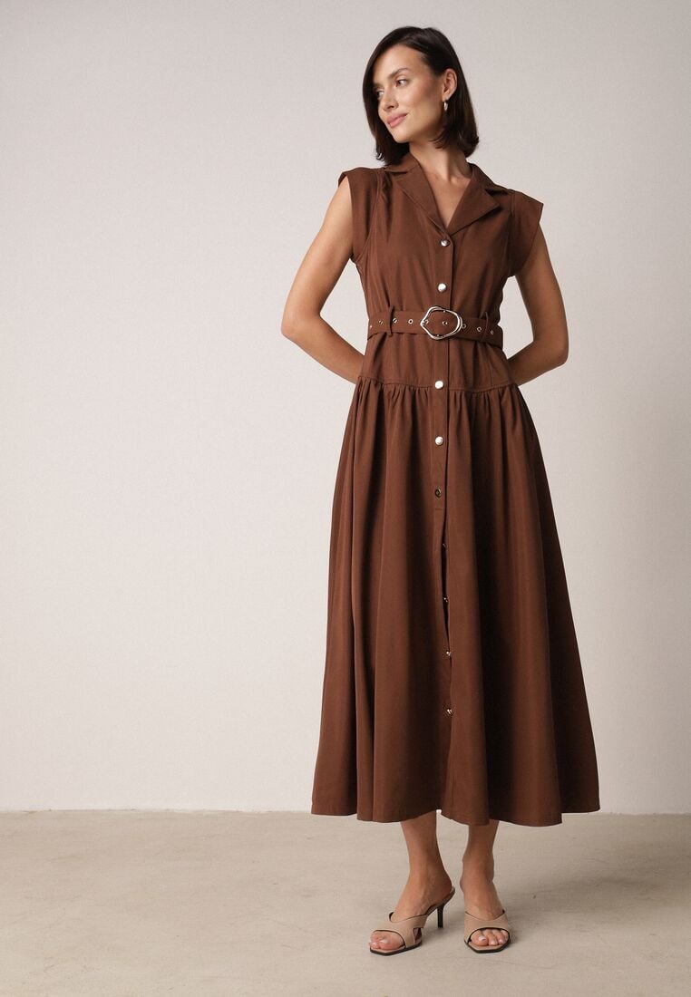Brązowa Koszulowa Sukienka Bez Rękawów Ozdobiona Paskiem z Klamrą Phalixia 1