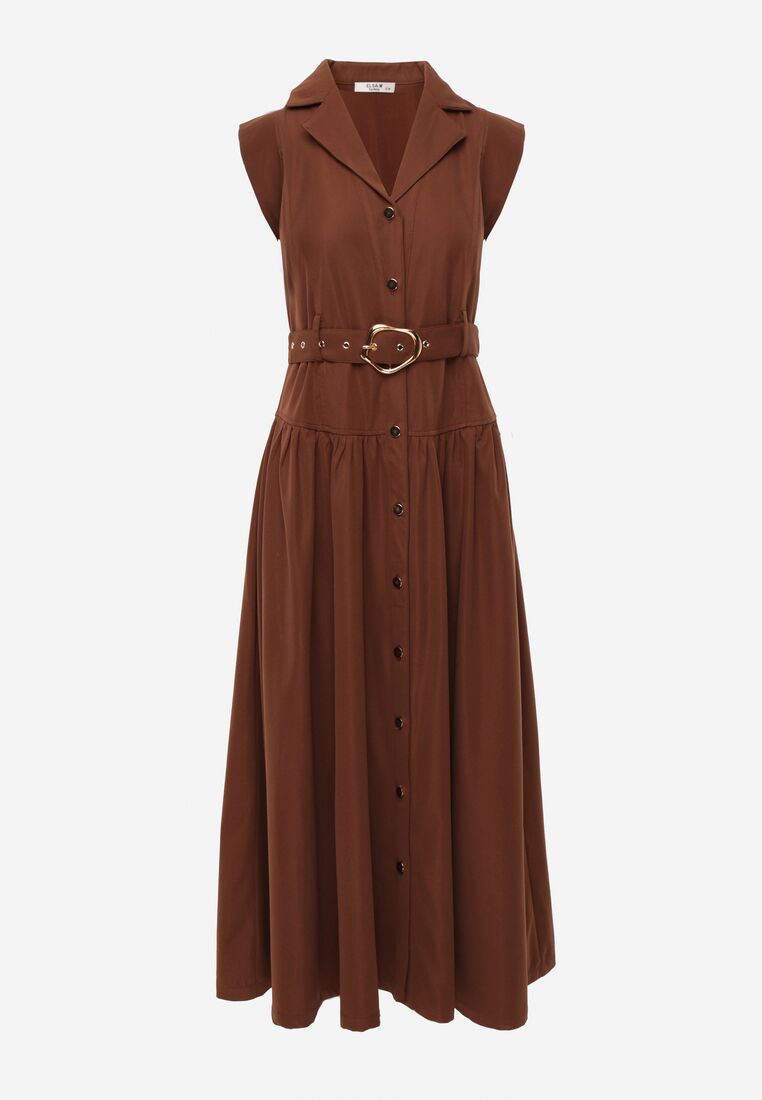 Brązowa Koszulowa Sukienka Bez Rękawów Ozdobiona Paskiem z Klamrą Phalixia 6