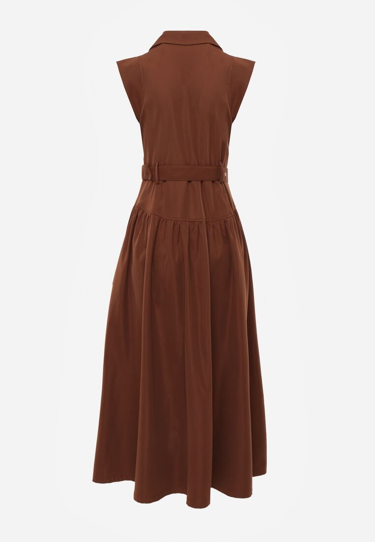 Brązowa Koszulowa Sukienka Bez Rękawów Ozdobiona Paskiem z Klamrą Phalixia 7