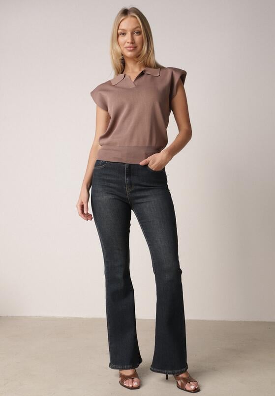 Brązowa Wiskozowa Bluzka Sweterkowa z Usztywnionymi Ramionami i Kołnierzykiem Katano 2