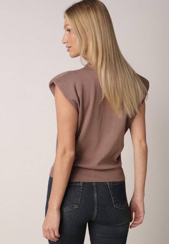Brązowa Wiskozowa Bluzka Sweterkowa z Usztywnionymi Ramionami i Kołnierzykiem Katano 3