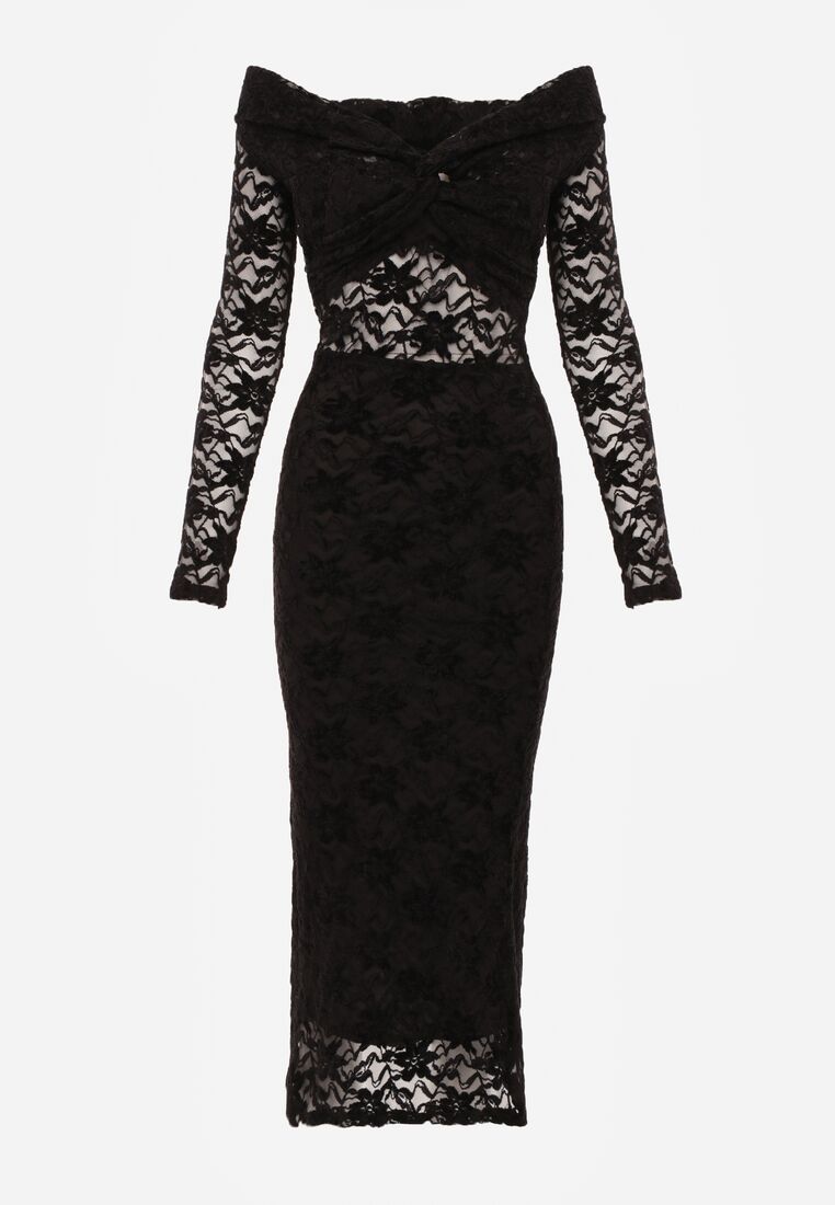 Czarna Dopasowana Sukienka Koronkowa z Odkrytymi Ramionami i Węzłem Serehaneh 6