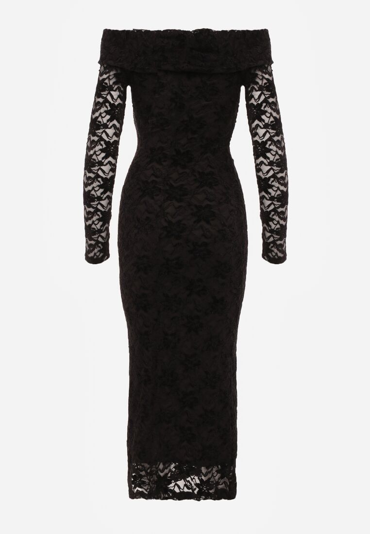 Czarna Dopasowana Sukienka Koronkowa z Odkrytymi Ramionami i Węzłem Serehaneh 7