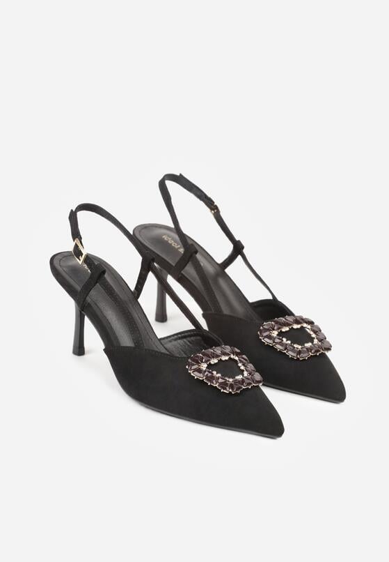 Czarne Sandały na Szpilce z Cyrkoniową Klamrą Elinvyra 5