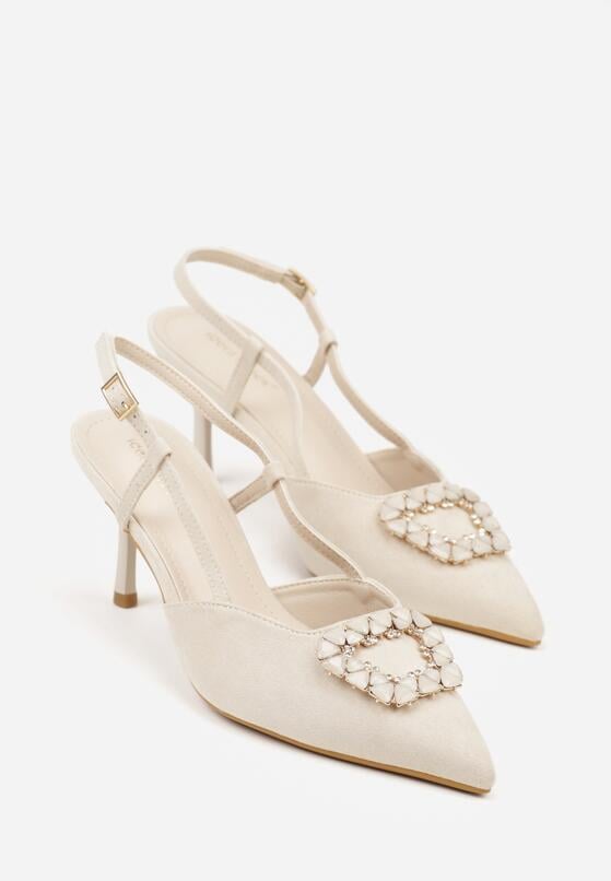 Jasnobeżowe Sandały na Szpilce z Cyrkoniową Klamrą Elinvyra 5