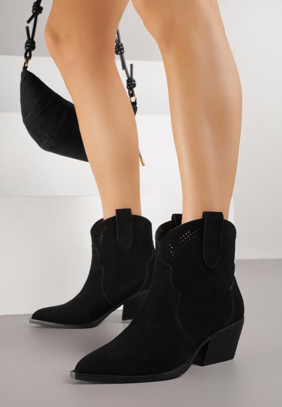 Czarne Skórzane Botki Kowbojki na Stożkowym Obcasie Elinyra 2