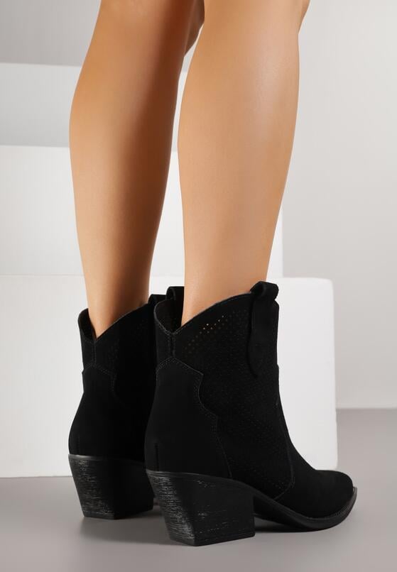 Czarne Skórzane Botki Kowbojki na Stożkowym Obcasie Elinyra 3