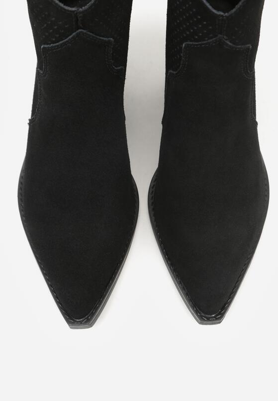 Czarne Skórzane Botki Kowbojki na Stożkowym Obcasie Elinyra 6