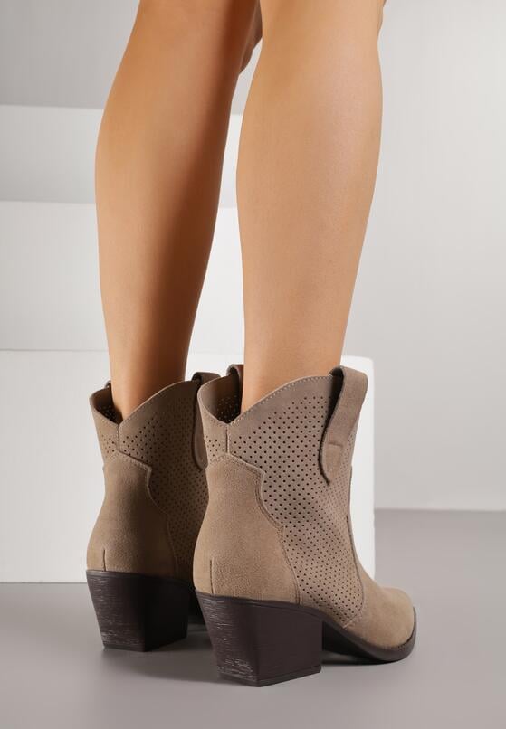 Ciemnobeżowe Skórzane Botki Kowbojki na Stożkowym Obcasie Elinyra 3